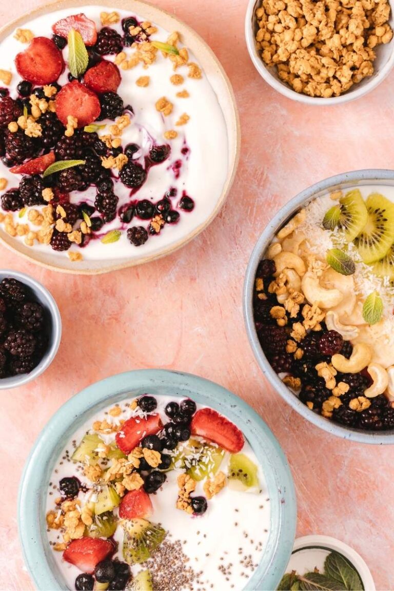 homemade coconut yogurt with fruit in bowls