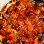 slow roasted tomatoes in the oven with shallot and thyme by elizabeth rider
