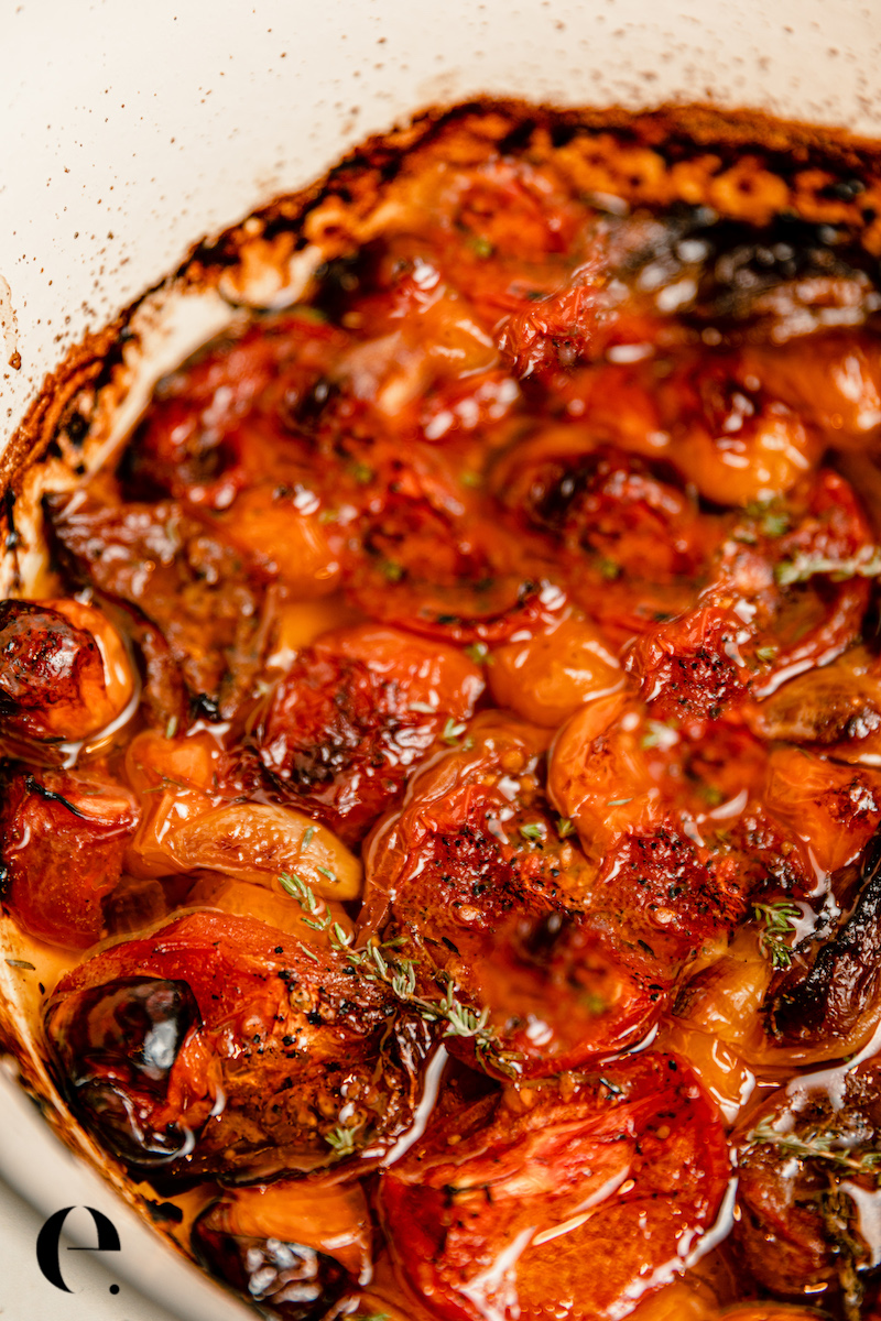 slow roasted tomatoes in the oven with shallot and thyme by elizabeth rider