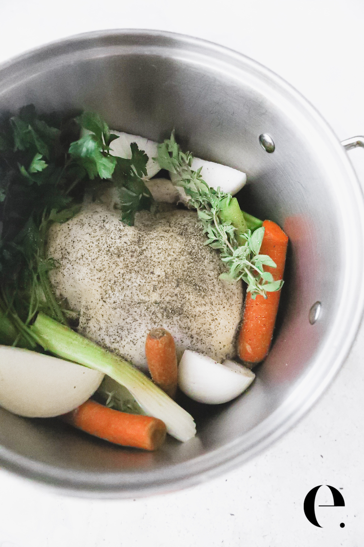 Celery, Carrot, Onion, Chicken, Thyme in Pot