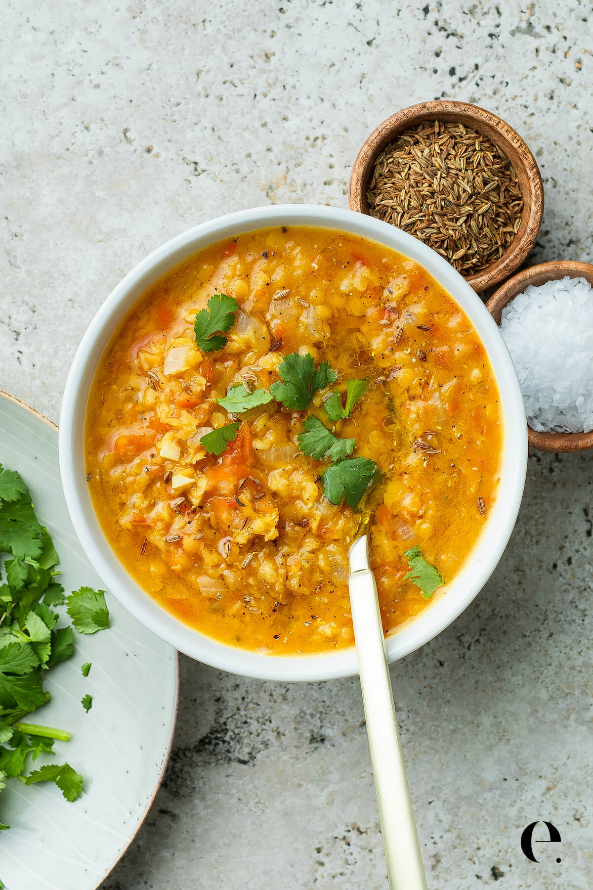 red lentil soup in bowl with cilantro elizabeth rider
