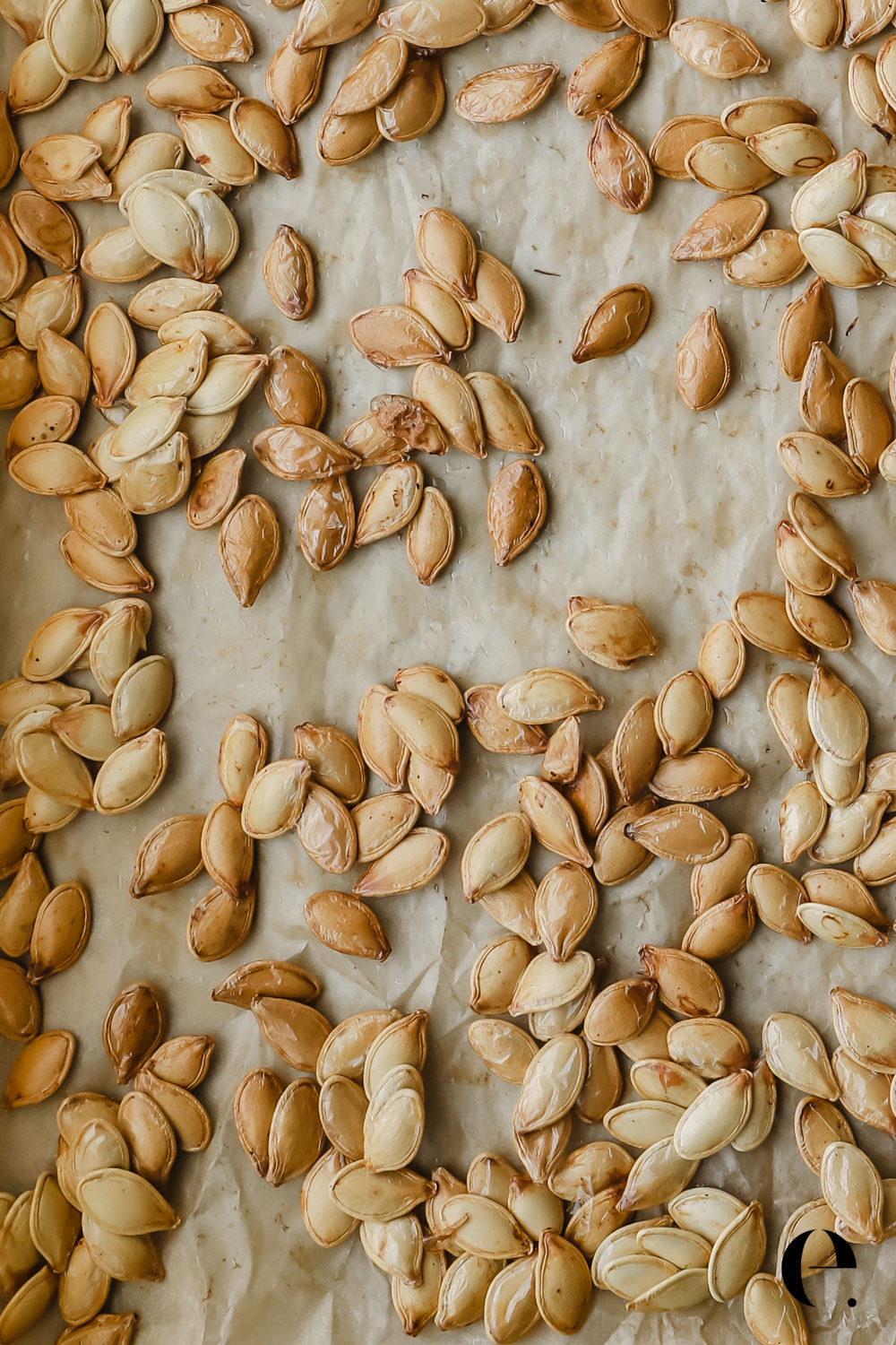 Roasted Pumpkin Seeds on Sheet Pan with Parchment paper