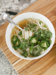 Chicken Pho Soup Recipe with rice noodles, jalapeno, cilantro