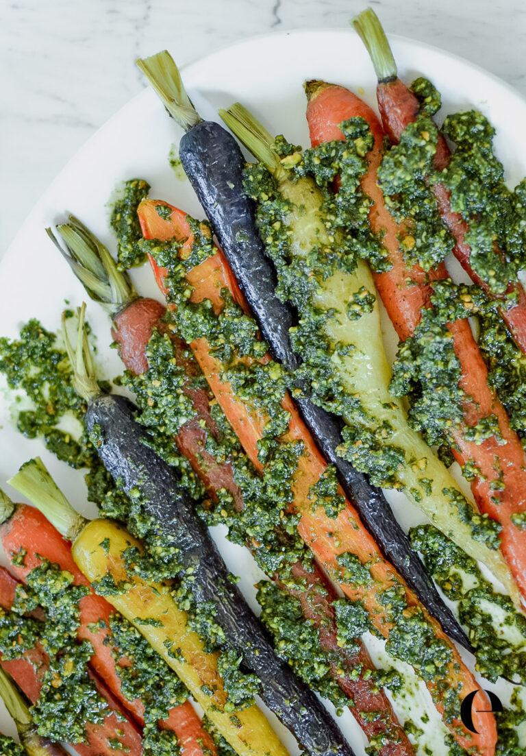 Roasted Carrots with Carrot Top Pesto on plate