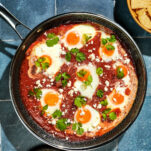 Shakshuka Recipe with tomato eggs and herbs in HexClad Saute Pan