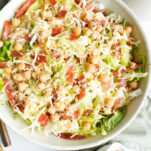 Close-up of La Scala chopped salad with finely shredded lettuce, strips of salami, shredded mozzarella and chickpeas
