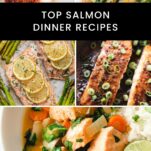 Collage of 5 easy salmon dinner recipes including baked lemon garlic salmon, honey ginger glazed salmon, salmon curry, sheet pan salmon with asparagus, and a quick 20-minute salmon fillet.