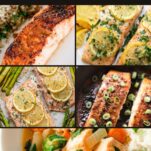 Collage featuring 5 healthy salmon dinner recipes, from baked lemon garlic salmon to honey ginger glazed salmon and miso salmon curry.