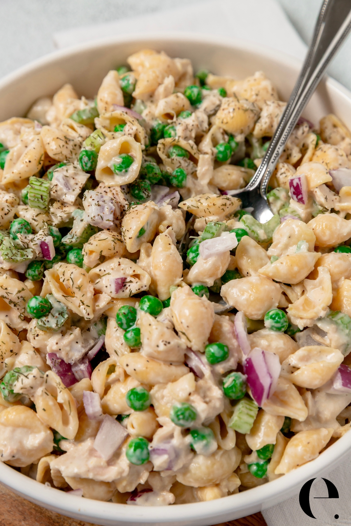 Easy tuna pasta salad recipe with lemon, dill, and creamy dressing
