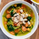 Easy Longevity Soup with garlic ginger carrots greens in bowl