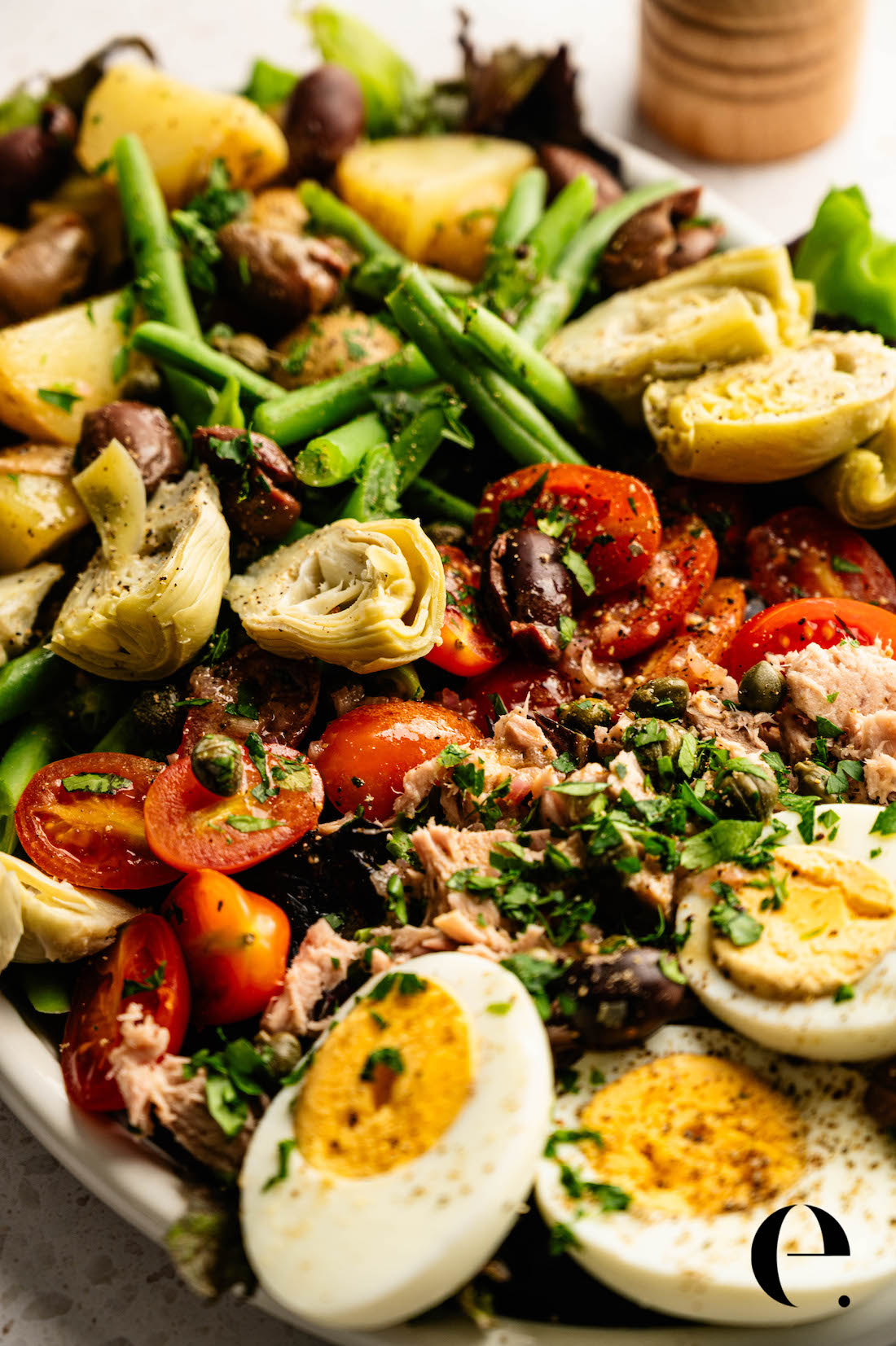 Colorful Nicoise salad platter with tuna, green beans, potatoes, eggs, and olives for a healthy meal by Elizabeth Rider