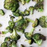 Roasted Broccoli on sheet tray with crispy brown edges