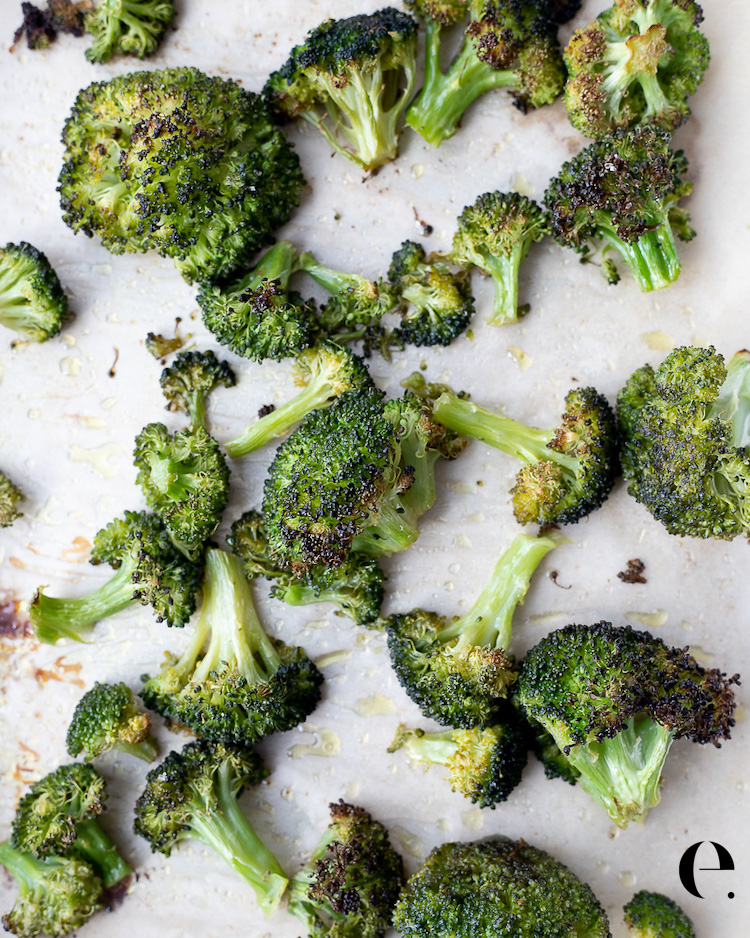 Roasted Broccoli on sheet tray with crispy brown edges