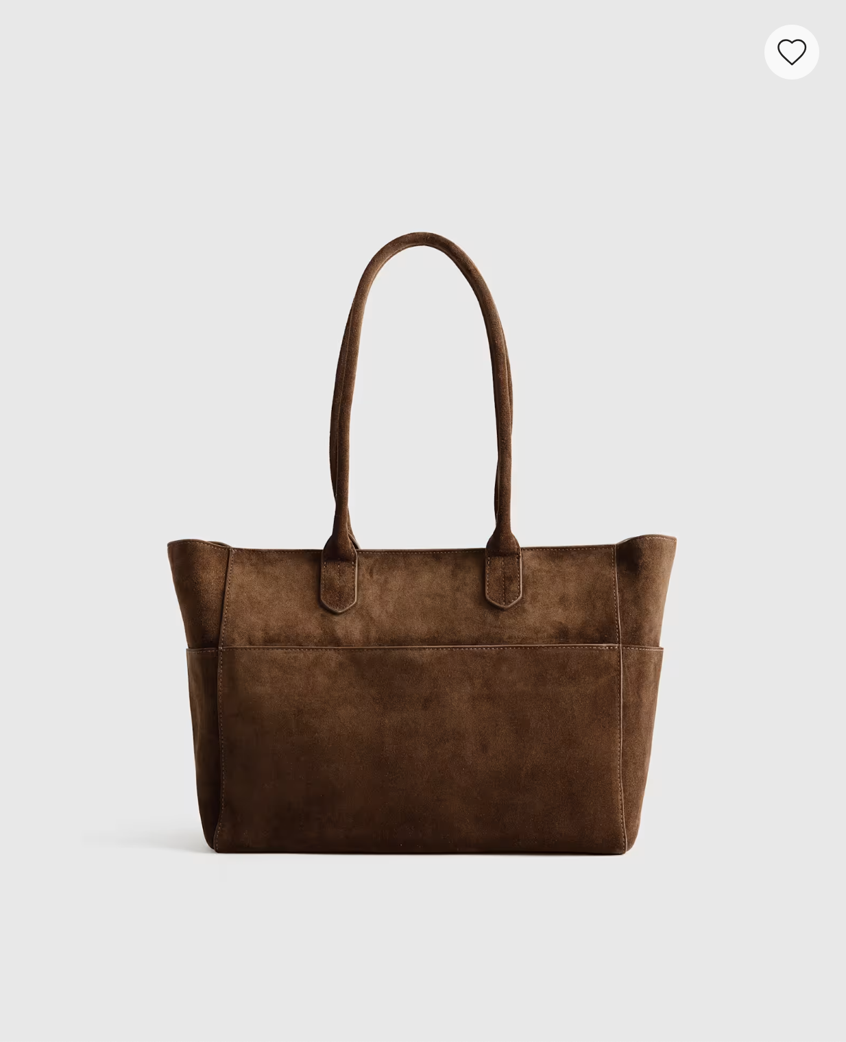 Quince Hudson Suede Tote in rich brown suede with long shoulder straps and a large exterior pocket.