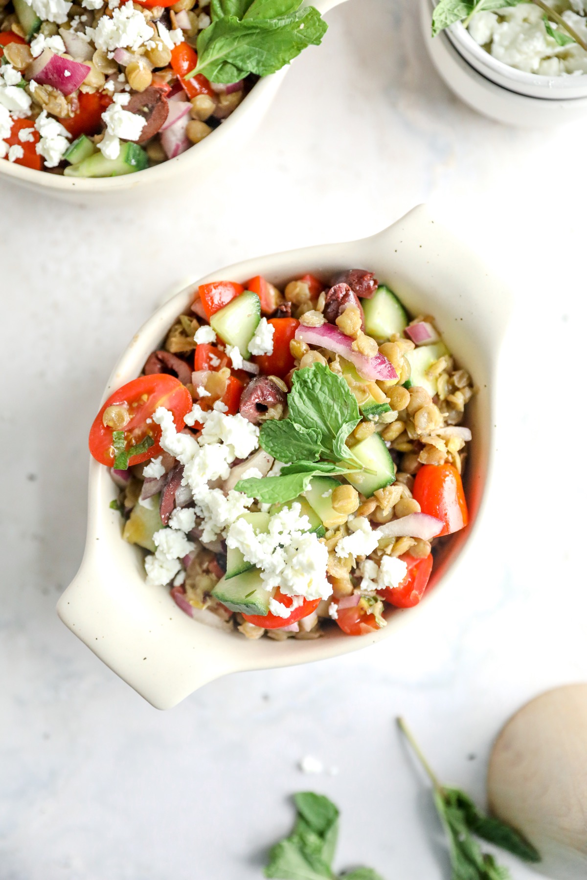 Single serving of green lentil salad topped with crumbled feta and a sprig of fresh mint