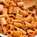 Vodka pasta close-up in a pan