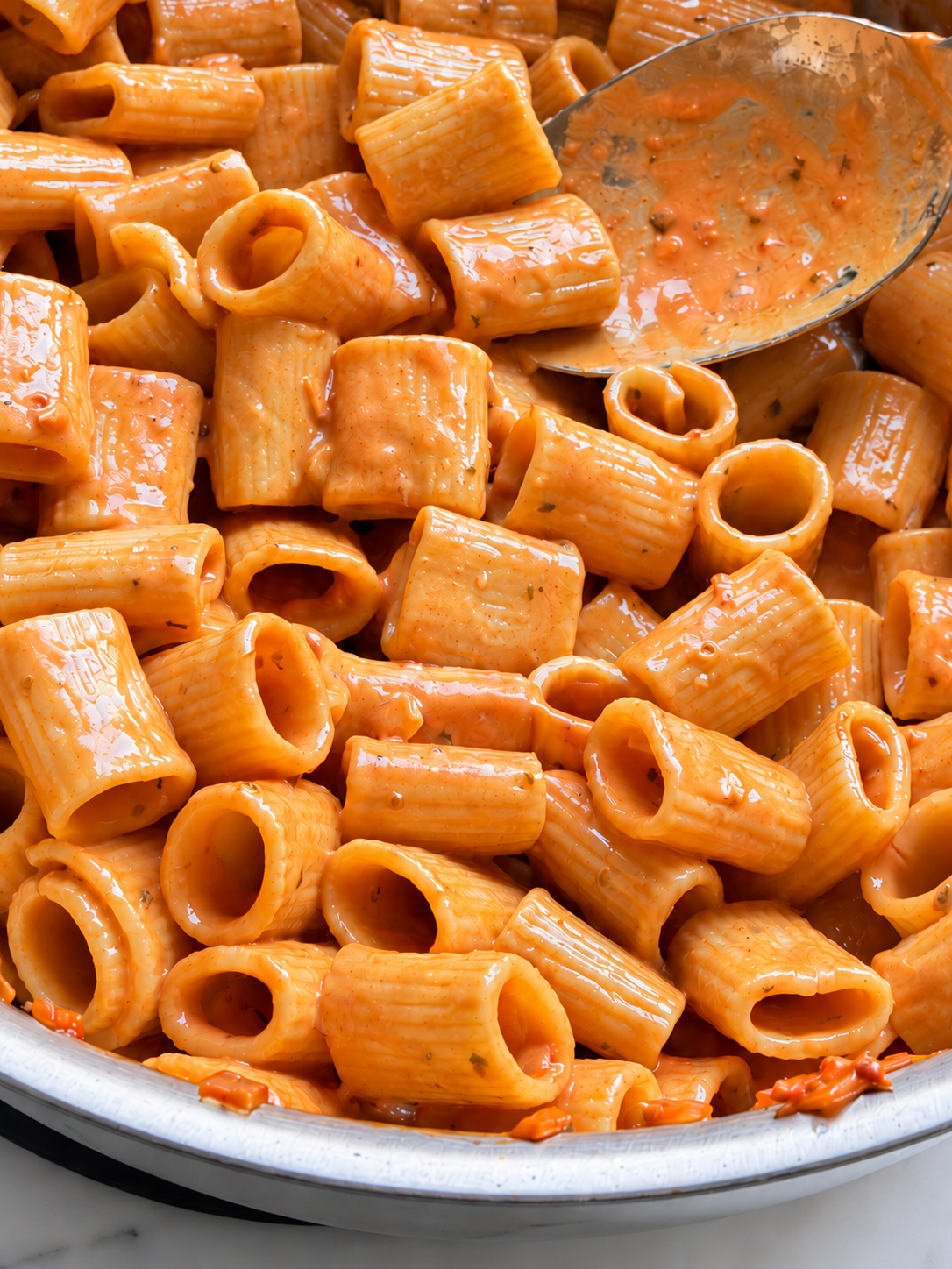 Vodka pasta close-up in a pan