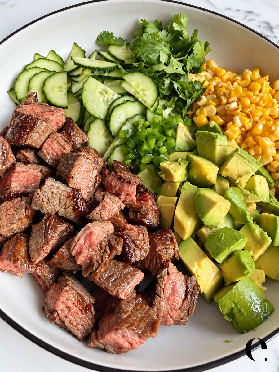 Steak salad ingredients arranged in a white bowl before tossing: diced flank steak, cucumber, cilantro, jalapeño, sautéed corn and avocado