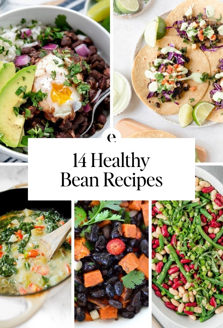 14 Healthy Bean Recipes: black beans and eggs rice bowl, spicy black bean tacos with avocado cream sauce, hearty white bean and kale soup, black bean & sweet potato salad recipe and easy three bean salad