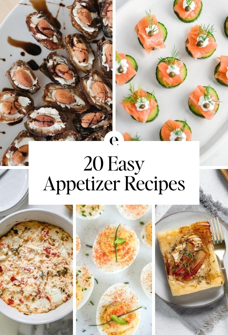 20 Easy Appetizer Recipes: elegant smoked salmon appetizer, the best goat cheese dip, goat cheese stuffed dates appetizer, how to make deviled eggs and upside-down tarts with shallots & thyme