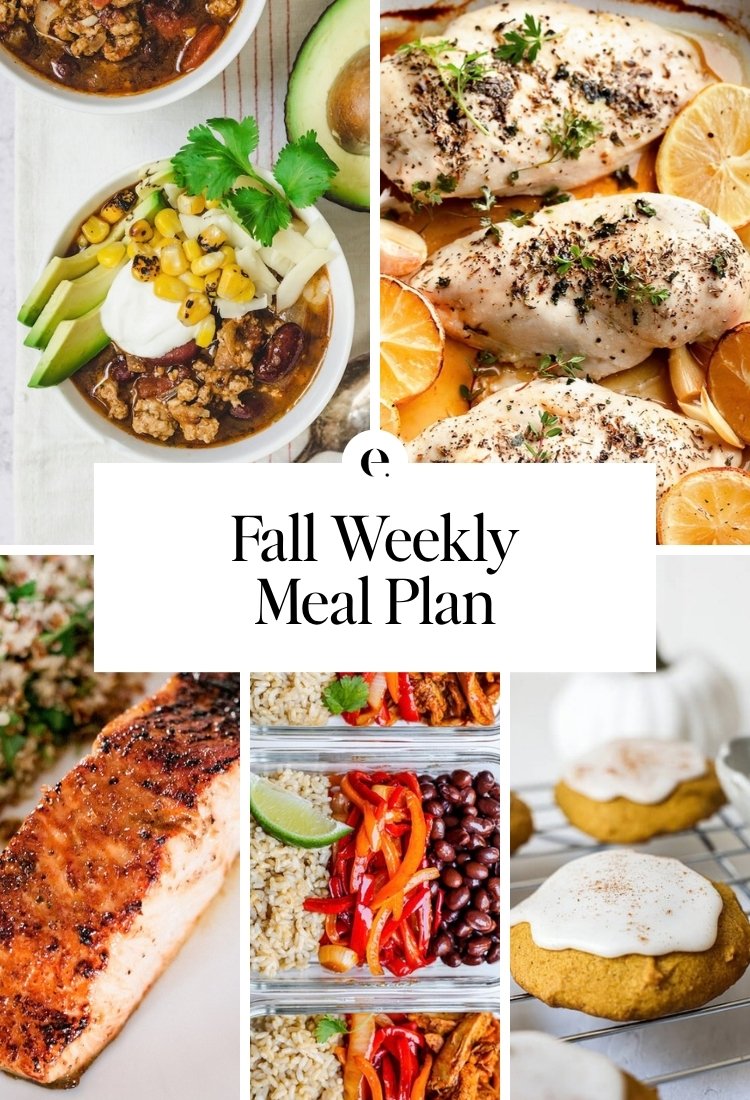 Fall Weekly Meal Plan: easy ground turkey chili recipe, oven baked chicken breasts, easy salmon recipe, chicken burrito bowls for meal prep and pumpkin cookies with maple icing