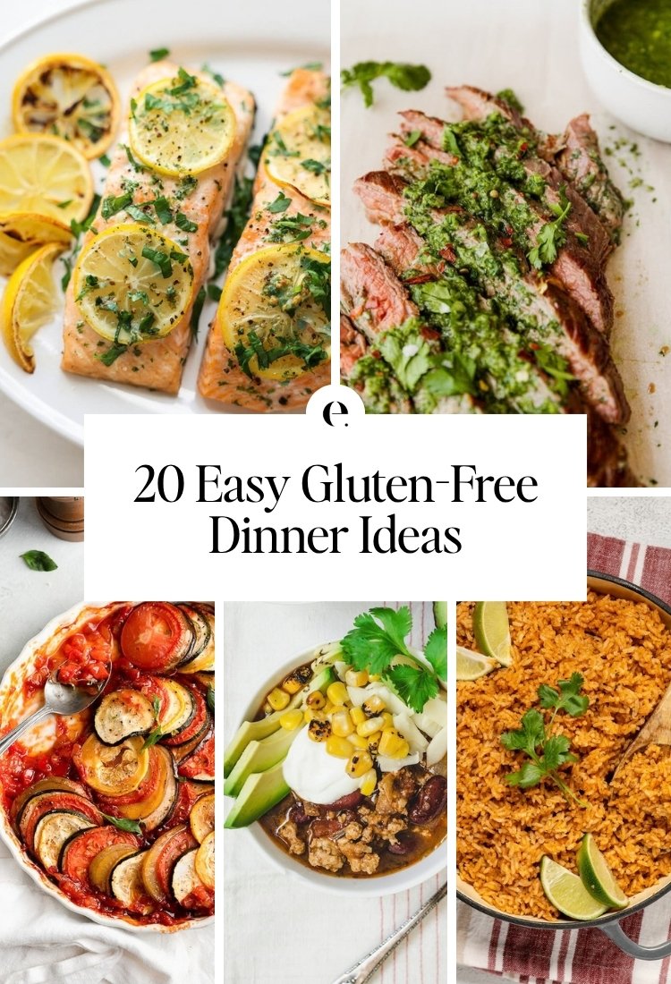 20 Easy Gluten-Free Dinner Ideas: easy baked lemon garlic salmon recipe, the perfect flank steak recipe, easy layered ratatouille recipe, easy ground turkey chili recipe and spanish rice recipe