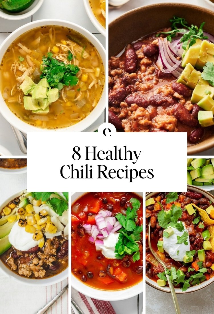 8 Healthy Chili Recipes: white chicken chili recipe, a great beef chili recipe, easy ground turkey chili recipe, easy black bean chili and awesome vegetarian chili recipe