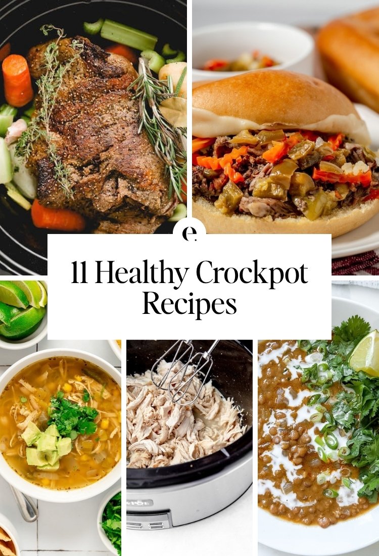 11 Healthy Crockpot Recipes: the best crockpot pot roast with potatoes and carrots, italian beef sandwich recipe, white chicken chili recipe, easiest crockpot shredded chicken and red curry lentil soup