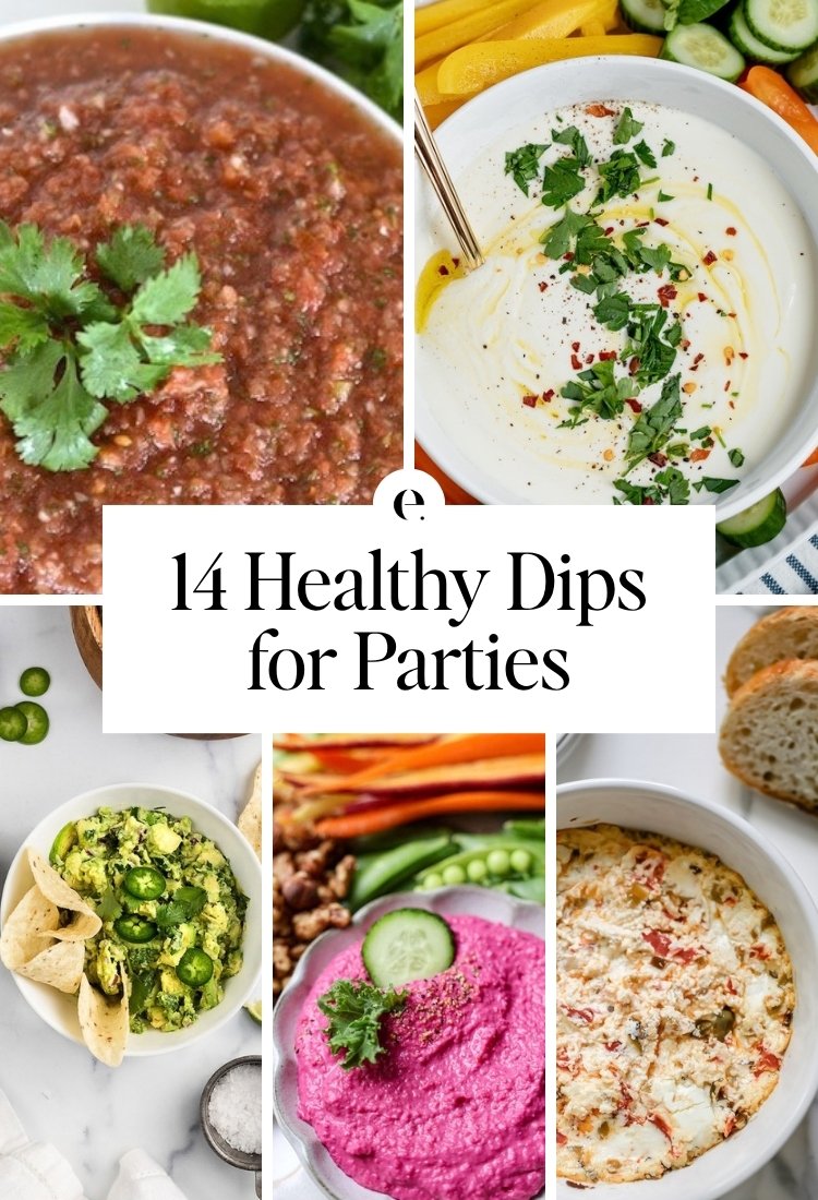 14 Healthy Dips for Parties: the best goat cheese dip, easy whipped feta dip, how to make guacamole, healthy beet hummus recipe and how to make salsa