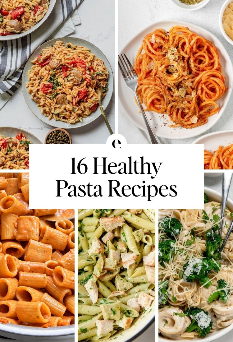 16 Healthy Pasta Recipes: creamy 1-pot orzo recipe, caramelized onion pasta, quick pasta alla vodka, pesto pasta with chicken recipe and cottage cheese alfredo pasta