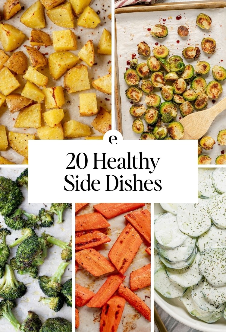 20 Healthy Side Dishes: crispy roasted potatoes recipe, roasted brussels sprouts with carmelized edges, easy roasted broccoli recipe, how to roast carrots in the oven and mom’s creamy cucumber salad