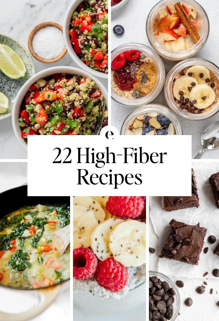 22 High-Fiber Recipes: superfood black bean & quinoa salad recipe, single serve overnight oats, hearty white bean and kale soup, how to make chia pudding and the best black bean brownies recipe