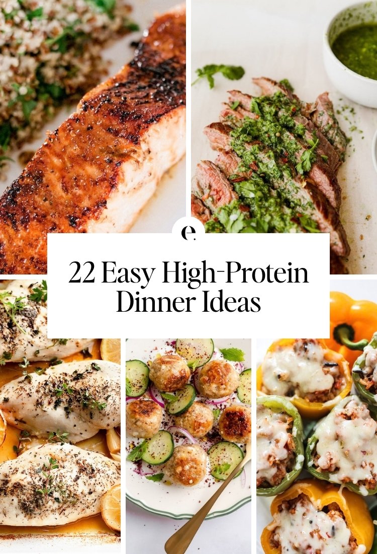 22 Easy High-Protein Dinner Ideas: easy salmon recipe, the perfect flank steak recipe, oven baked chicken breasts, greek chicken meatballs with garlic yogurt sauce and turkey stuffed peppers