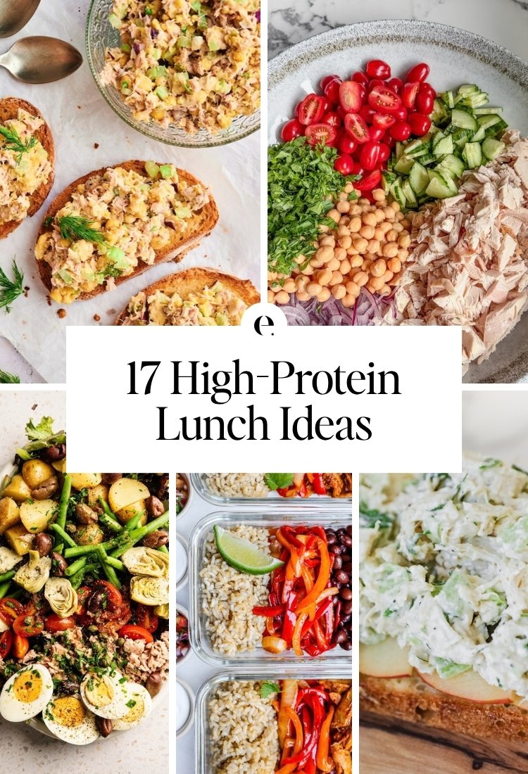 17 High-Protein Lunch Ideas: high-protein tuna & chickpea salad, rotisserie chicken chopped salad, nicoise tuna salad, chicken burrito bowls for meal prep and perfect classic chicken salad recipe