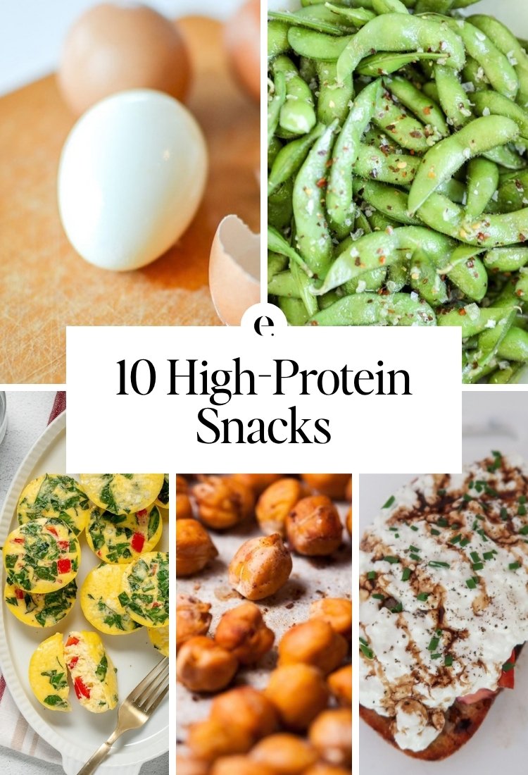 10 High-Protein Snacks: high-protein egg bites, spicy garlic edamame recipe, easy-to-peel hard-boiled eggs, the best crunchy spiced chickpeas and bruschetta cottage cheese toast