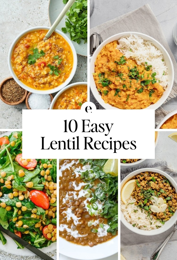 10 Easy Lentil Recipes: easy red lentil soup with lemon, coconut lentils, apple cider lentil salad recipe, red curry lentil soup and green lentils with scallions, garlic & mint