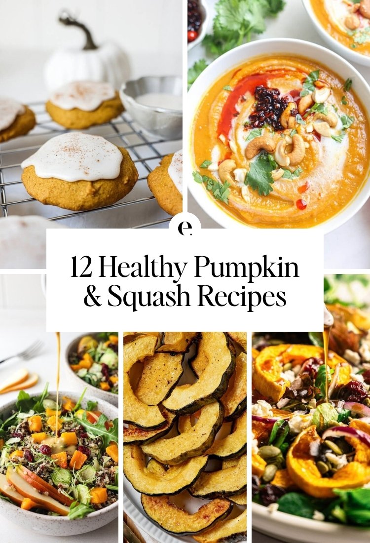 12 Healthy Pumpkin & Squash Recipes: pumpkin cookies with maple icing, healthy pumpkin curry soup, butternut squash quinoa bowl with arugula, how to roast acorn squash in the oven and delicata squash salad with arugula, cranberries & feta