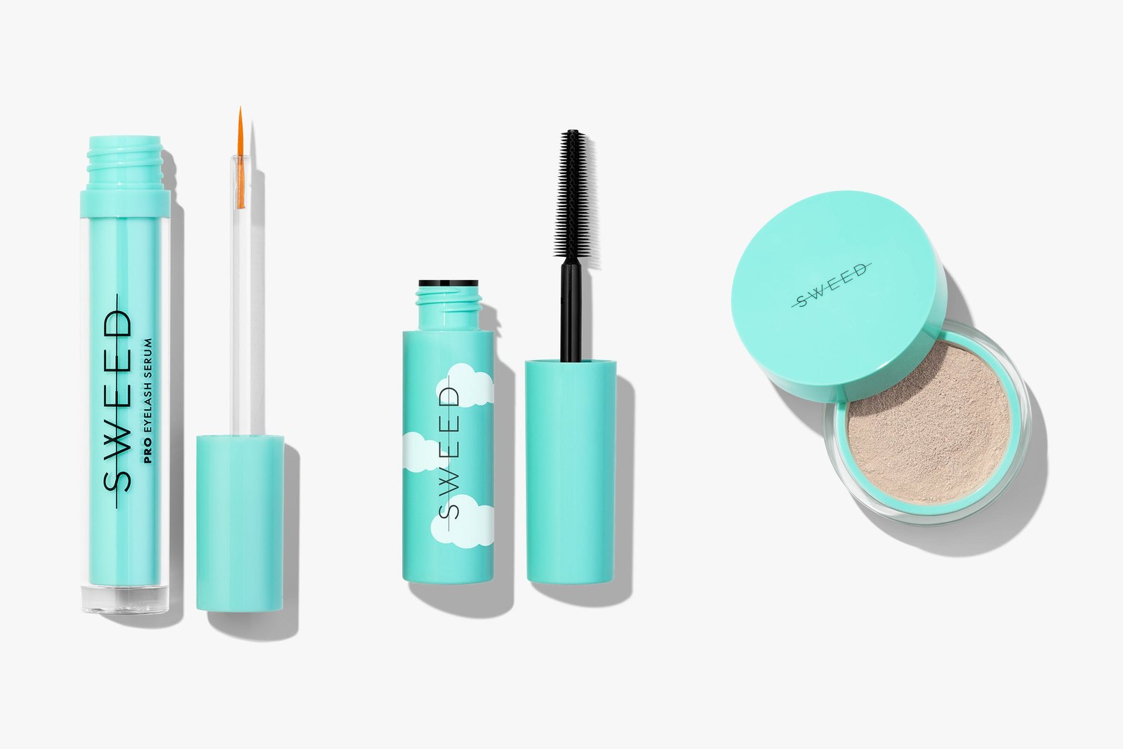 Sweed Eyelash Growth Serum, Cloud Mascara and Miracle Powder on a light gray background