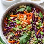 Close-up of Thai peanut quinoa salad with edamame, cilantro and chopped peanuts