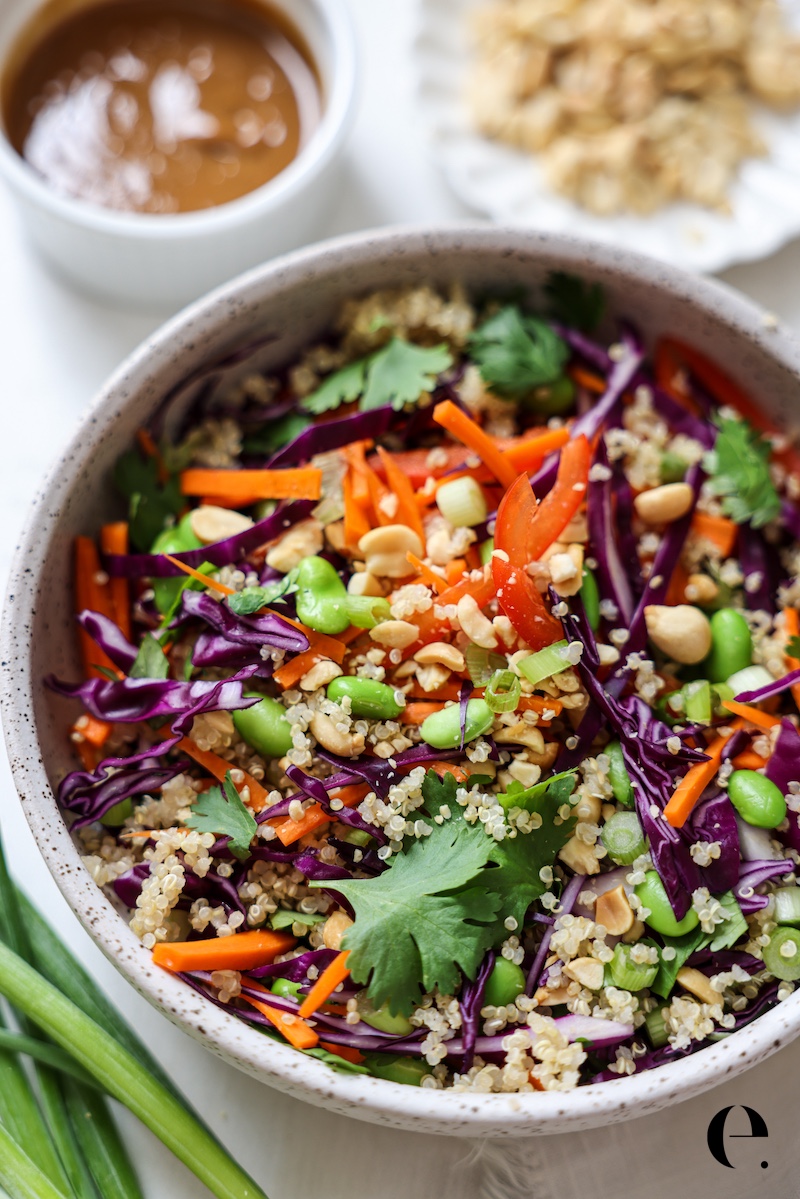 Close-up of Thai peanut quinoa salad with edamame, cilantro and chopped peanuts