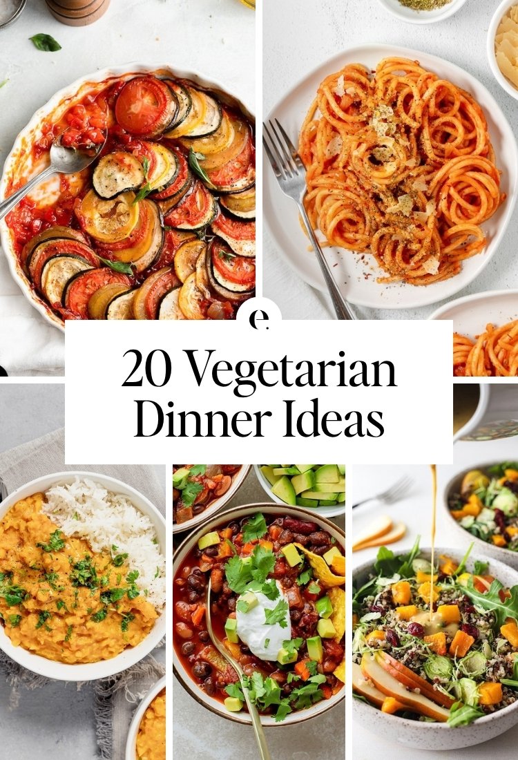 20 Vegetarian Dinner Ideas: easy layered ratatouille recipe, caramelized onion pasta, coconut lentils, awesome vegetarian chili recipe and butternut squash quinoa bowl with arugula